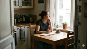 一人暮らしのキッチンで、女性がテーブルに座り、ノートを広げて今の暮らしに合ったレイアウトを考えている様子