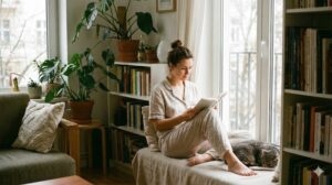 窓辺でリラックスしながら読書する女性とそばで眠る猫