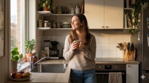 自分らしく整えた心地よいキッチンでくつろぐ女性の様子