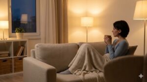 夜のリビングでソファに座り、温かい飲み物を飲みながらリラックスする女性