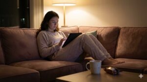 夜、薄暗い部屋のソファでパジャマ姿の女性がタブレットを見ている。テーブルには飲みかけのカップがあり、リラックスしすぎて時間の感覚が曖昧になっている様子。