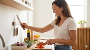 使いやすい包丁で野菜を切る女性と整ったキッチン