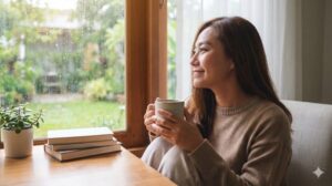 雨の日に窓辺で温かい飲み物を飲みながらリラックスする女性。天気が悪い日を心地よく過ごすためのまとめ