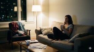 一人暮らしの夜、散らかった部屋で考え込む女性