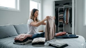 ベッドの上で服を広げ、一枚のセーターを手に取って考えている女性
