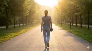 朝日が差し込む並木道を歩き出す女性の後ろ姿。自分らしい朝ルーティンで1日を前向きにスタートさせるイメージ