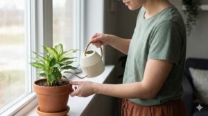 窓辺で観葉植物に水をやる女性の穏やかな姿。日常の小さなセルフケアが無理なく続く習慣の鍵となる。
