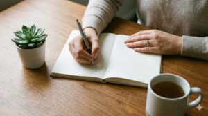 木製デスクで手帳に予定を書き込む女性の手元