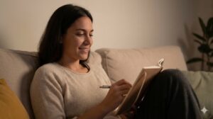 夜のリビングのソファでくつろぎながら、穏やかな表情でノートに日記や振り返りを書いている女性。無理なく続ける習慣のイメージ。