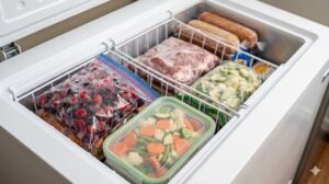 ワイヤーバスケットでゾーン分けされ、手前によく使う食材がある上開きの冷凍庫