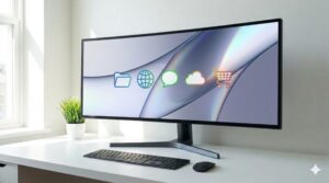 広々としたデスクで、ウルトラワイドモニターが非常にきれいで整理されたデスクトップを表示している、集中できる作業環境を表現した横長のアイキャッチ画像