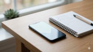 きれいな木目調のデスクに置かれたスマートフォンと、その横に開かれた3つのチェックボックス付きリストが手書きされたノートとペンのアイキャッチ画像