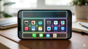 スマートフォンの画面。画面全体が、薄く光るガイドラインによって、論理的な区画（上下左右の役割分担、ジャンルごとのまとまりなど）に区切られている。汎用的なアプリアイコンが、それぞれの区画に完璧なグリッド状に並んでおり、秩序とルールを視覚的に表現している。