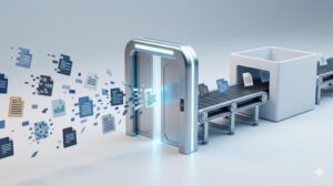 ダウンロードフォルダ内の様々なファイルが、一つの自動化されたゲート(入口)を通過し、整理された仮置きコンテナに収まるイメージ画像