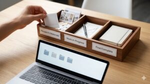 木製ボックスとフローチャート(作業別フォルダの基本形:素材・作成中・完了の分割)