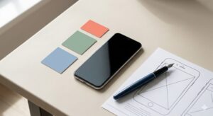 デスクに並べられたカラーパレット計画と、その横に置かれたスマートフォンのミニマルなプロダクト写真。