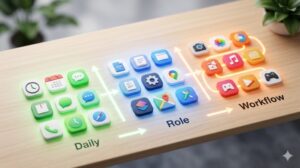 スマホアプリを整理するための3つの主要な基準（使用頻度、役割、開く順番）を視覚化したイメージ