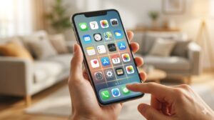 グリッド状に整理されたスマホ画面。指がドックをタップ。定位置のルールと構造を視覚化。