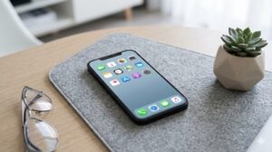 デザイン性の高いデスクパッドの上に置かれたスマートフォンと、その横に小さな観葉植物がある、洗練され整然としたミニマルなホーム画面のアイキャッチ画像