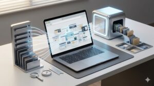 デスク上のノートパソコン画面から、多くのウェブページのサムネイルが、光の動線で物理的な整理棚(ラック)へ吸い込まれていく。棚の横には、小さな本のアイコンとbookmarkアイコンが付いたファイルが並んでいる