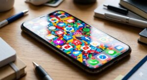 デスクに置かれた、強烈な原色のアイコンが雑然と並び、視線が散るスマートフォンのホーム画面。