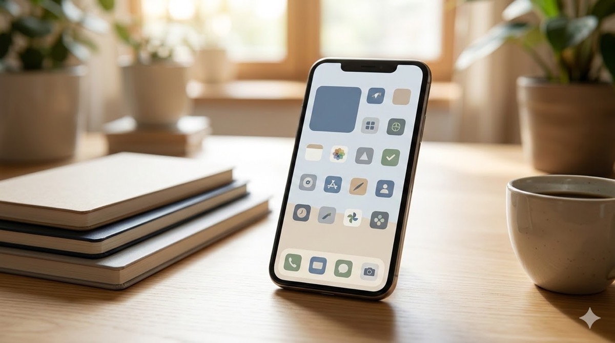 デスクの上に置かれた、簡素な配色とアイコンで構成された静かなスマートフォンの画面。