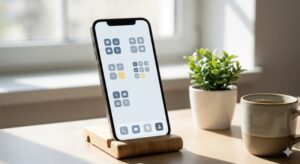 デスクの上に立てかけられ、非常に整理された、落ち着いた色味のスマートフォンのホーム画面。