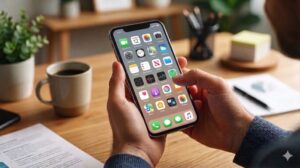 スマートフォンを持つ手が中心に配置された、洗練されたホームオフィス環境。画面には混乱したアプリアイコンが大量に表示され、ユーザーがどのアプリをタップすべきか迷っている様子。乱雑な配置による情報過多と混乱を表現。