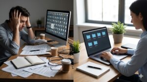 散らかったデスクと整理されたPCデスクの対比(作業別フォルダ設計による迷いの解消)