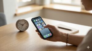 スマートフォンを片手で持ち、整理されたホーム画面をスワイプしてアプリの配置を確認しているユーザーと、デスクに置かれたアナログ時計のアイキャッチ画像