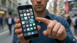 スマートフォンのホーム画面に並ぶ多数のアイコンの中から、優先順位を決めて特定のアプリを指で選ぼうとしている整理・効率化のイメージ画像