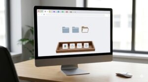 ブラウザのクリーンな画面、特定の作業に関連するタブグループと少数精鋭のブックマークアイコン(作業別タブ・ブックマーク管理の象徴)