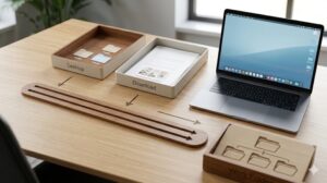 整理されたデスク上の「デスクトップ」と「ダウンロード」を象徴するミニマリストトレイ(一時的な入口としての役割)