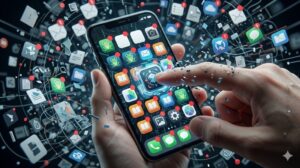 スマートフォンを操作する指先と、混沌とした仮想アプリアイコンの渦。多数の通知ドットやデータ要素が浮遊し、情報過多による躊躇を視覚化。