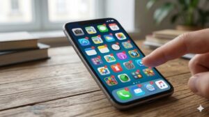 木のテーブルに置かれたスマートフォンの画面。ホーム画面には無数のアプリアイコンが無秩序に並んでおり、指が一瞬タップをためらっている。散らかったホーム画面の混乱とストレスを表現したリアルな写真。