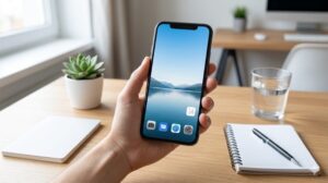 完全に整理され、ミニマルな美しいホーム画面を表示したスマートフォンを持つ手。隣に小さな観葉植物、整頓されたノートとペンが置かれている。引き算による達成感とすっきりとした状態を表現したリアルな写真。