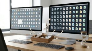 木製デスク上に完成された「作業別フォルダ設計」の全体像。整理されたPCモニター、トレイ内の3セクション(素材・作成中・完了)、そしてスムーズなデータフロー(毎回同じ場所に戻れる仕組みのまとめ)。