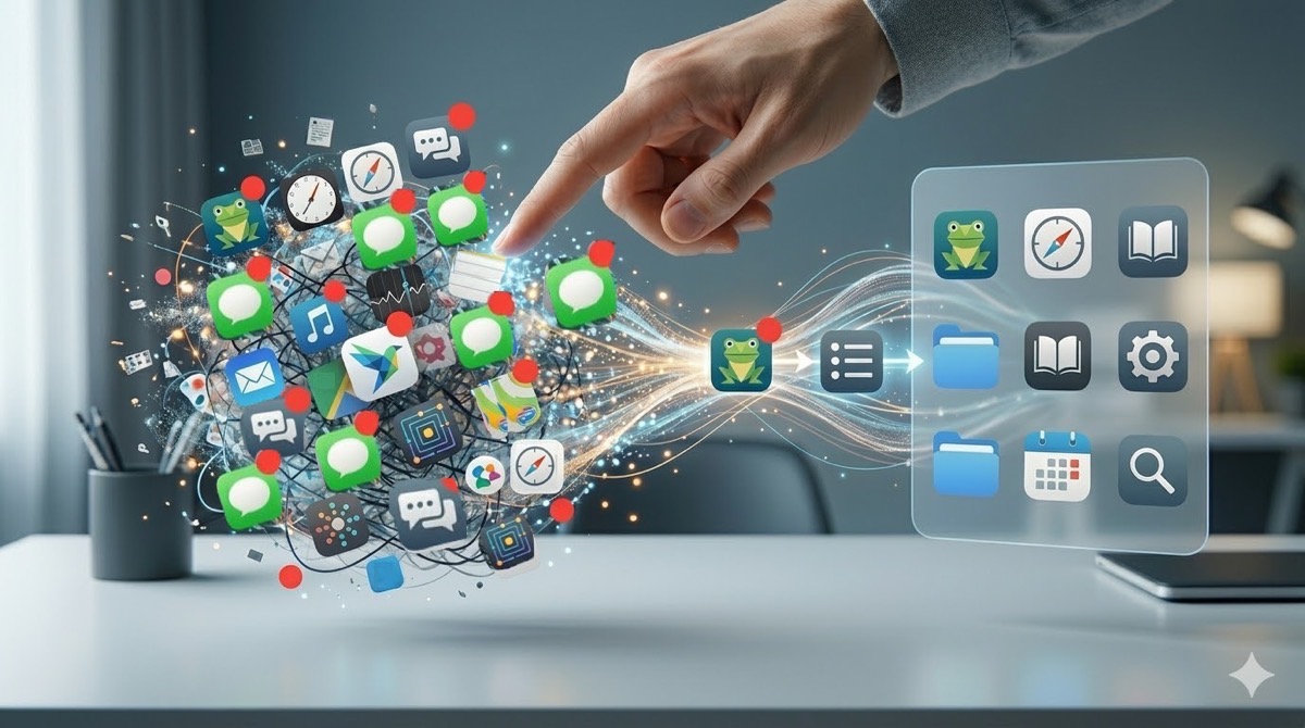 混沌としたアプリアイコンの山から、整理されたアイコンのリストへと光が流れる様子。デジタル空間を整えると行動がスムーズになる、整理とフローを象徴するアイキャッチ画像。