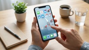 整理整頓された木製デスクの上で、スマートフォンを持つ手。画面上のアプリアイコンを指で選別、移動、削除しようとしているアクション。具体的な整理ステップを表現したリアルな写真。