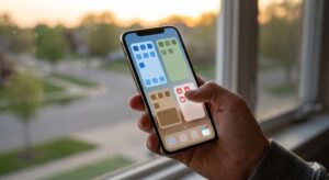 夕暮れの光の中で、窓辺のデスクに座り、スマートフォンの画面をスクロールして見直している手。