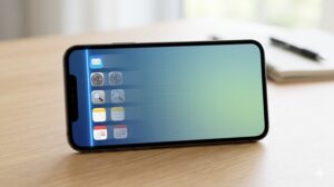 スマートフォンの画面。画面左端に強調された垂直な青色の「基準ライン」が表示され、そのラインに沿って、汎用的なアプリアイコンが正確に並んでいく様子を描いている。基準ラインが配置のルールを視覚的に示しており、整理整頓の第一歩を表現している。