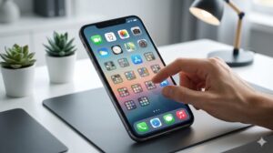 洗練されたデスク上のスマートフォン、ユーザーがアプリをドラッグして整理基準を決めている瞬間