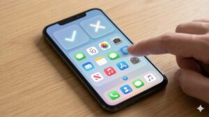 整理されたスマートフォンのホーム画面で、アプリのアイコンが、画面上に浮かぶ「DAILY(チェックマーク)」と「OCCASIONAL(バツマーク)」の光のフィールドに、ユーザーの迷いのない指によってスムーズに仕分けられている。ルールの固定と実行を表現したリアルな写真。