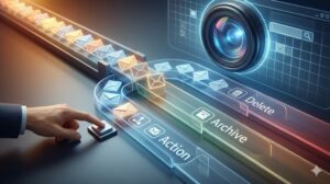 手がデジタルメール処理ステーションで、連続して流れてくるメールオブジェクトを、「対応」「保管」「削除」の3つの異なる経路に振り分けている横長のアイキャッチ画像