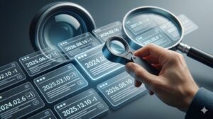 手がデジタル拡大鏡を使い、標準化された glowingパターン（日付や記号）を持つ多数のデータカードの流れから、特定のファイルを瞬時に特定している横長のアイキャッチ画像