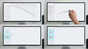 手がジェスチャー操作で、モニター上の無数のタブを払い除け、数枚のきれいなタブと、2つの整理されたブックマーク領域（保存と一時）を残している横長のアイキャッチ画像