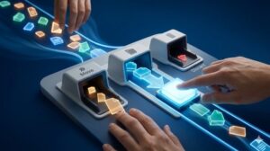 3つの異なるゲートウェイ（行き先）に、手が glowingなデータオブジェクトを振り分けている、デジタルな入口整理を表現した横長のアイキャッチ画像