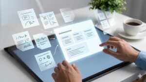 手がデジタルサーフェス上で、断片的なメモを1枚の整理された中心パネル（要点まとめ）に集約し、不要なメモを整理している横長のアイキャッチ画像