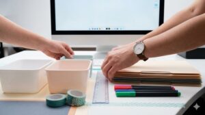 準備段階のデスクで、手が空の収納ボックスやフォルダーを使い、作業範囲を決めている横長のアイキャッチ画像