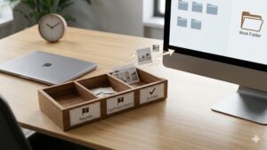 デスク上の状態別トレイ(依頼・確認待ち・保管、フラッグアイコン付き)と、メールの添付ファイルを作業フォルダへ移動させる視覚的なフロー。